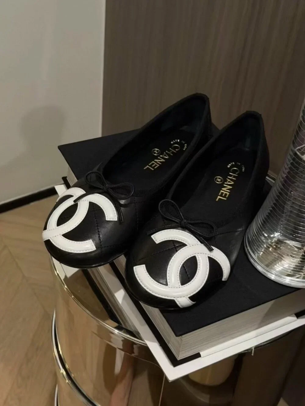 CHANEL Quilted CC Bow Ballet Flats – Black/White, Size 39 with Box